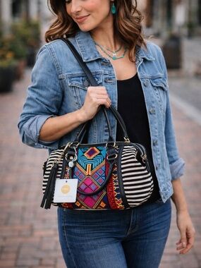 MMS Design Studio Boho Tribal Satchel | Zebra Print & Embroidered Crossbody Bag